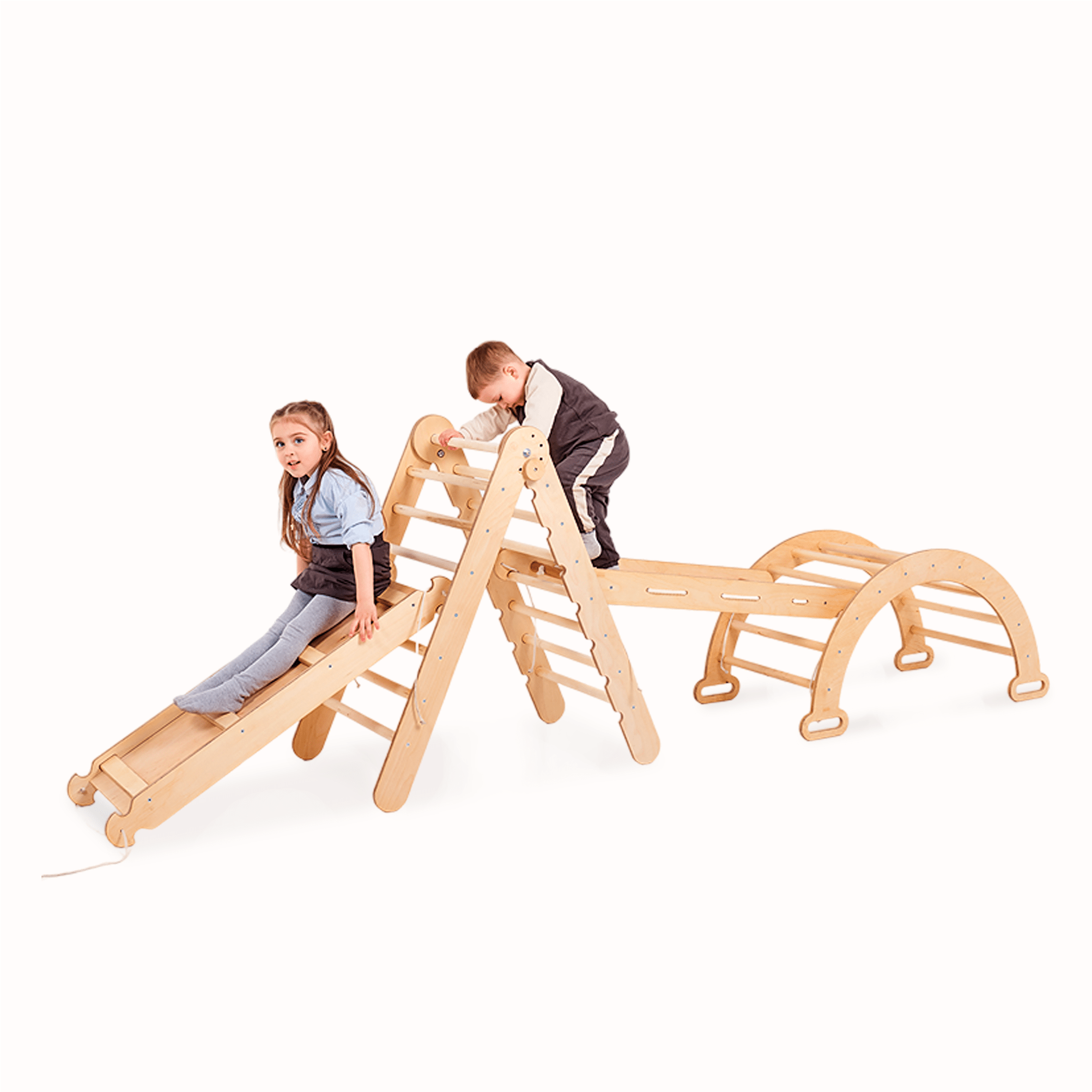 4in1 Montessori Klettergerüst Set: Kletterdreieck mit Rutsche, Kletterbogen, Kletternetz, für Kinder 1 - 7 Jahre – Beige - myplayground