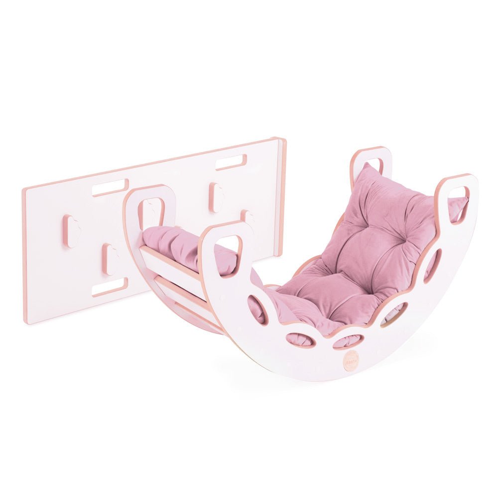 Bascule 4 en 1 - bois blanc, avec mur d’escalade, toboggan et coussin en velours rose, motricité - Plush nest - myplayground